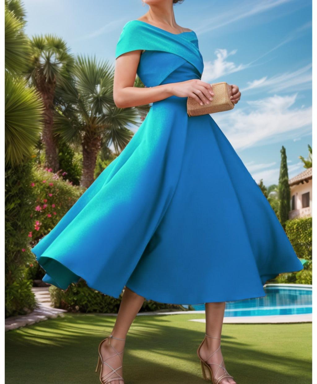 A-Line Tea Length Satin Prom Dress CS0455 - COCOMELODY