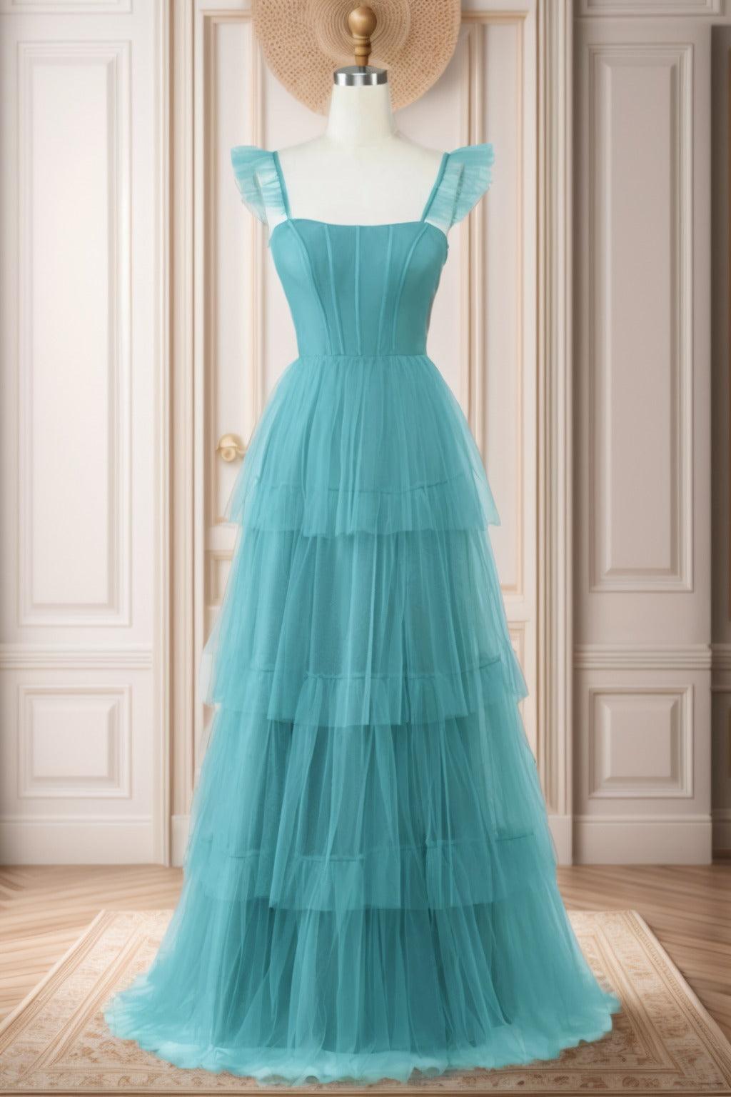 A-Line Sweep-Brush Train Tulle Prom Dress CS0471 - COCOMELODY