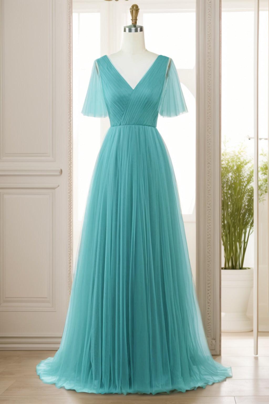 A-Line Sweep-Brush Train Tulle Prom Dress CS0472 - COCOMELODY
