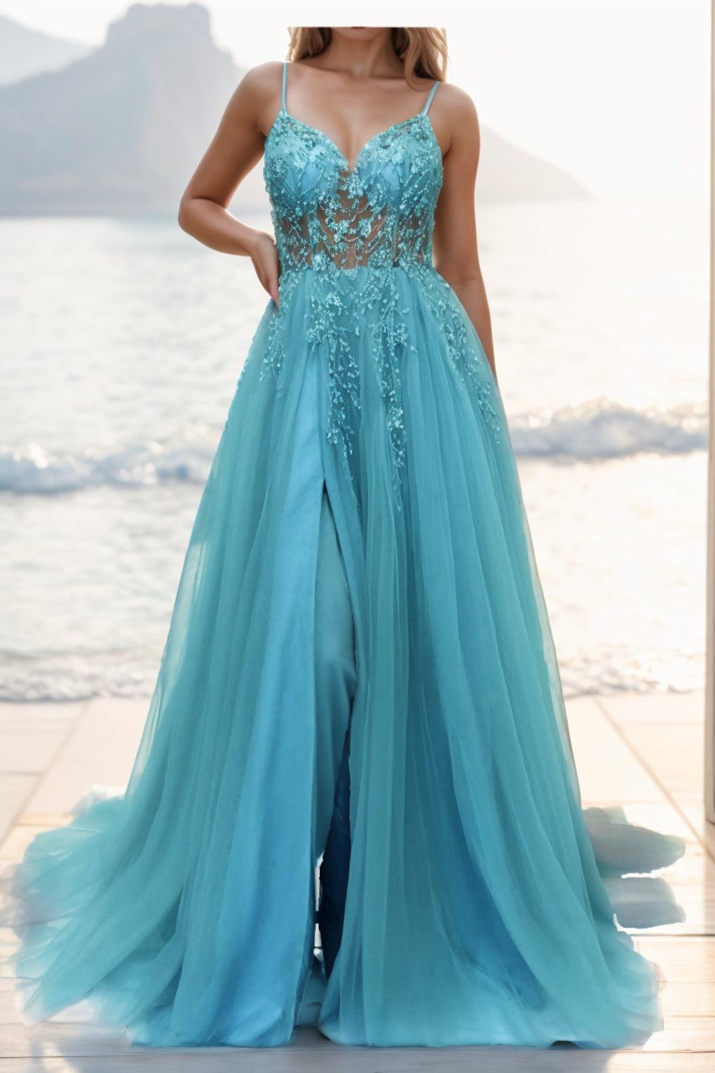 A-line Sweep-Brush Train Tulle Prom Dress CS0402 - COCOMELODY