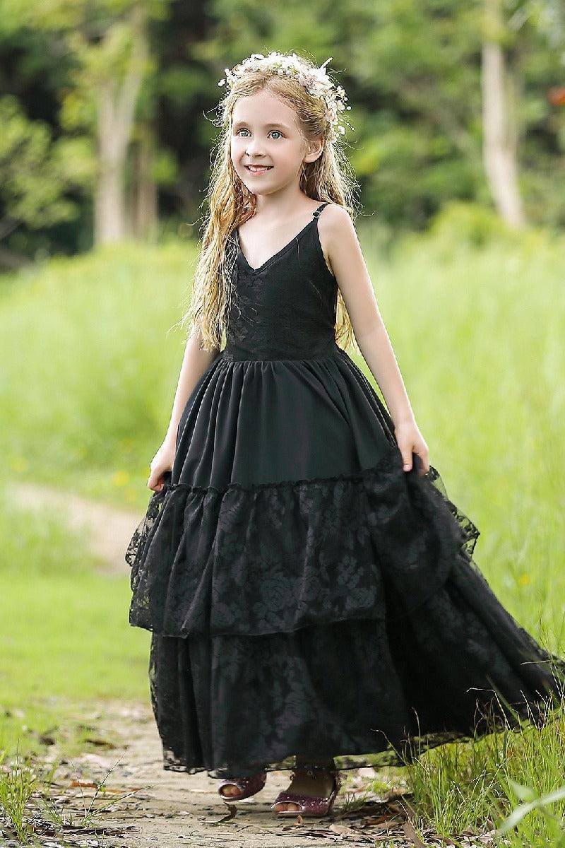 A-Line V-Neck Neckline Sleeveless Maxi Chiffon Flower Girl Dresses 751591439858 - COCOMELODY