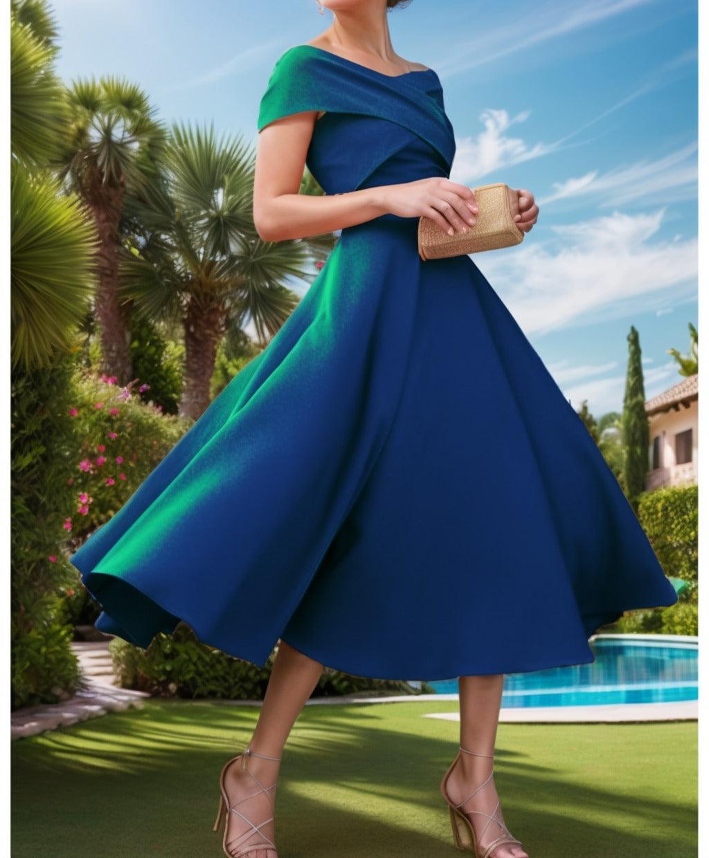 A-Line Tea Length Satin Prom Dress CS0455 - COCOMELODY