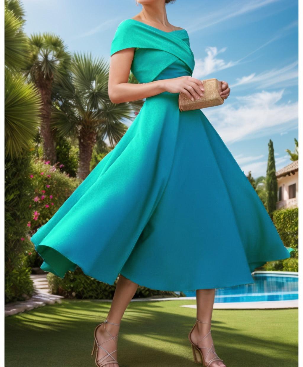 A-Line Tea Length Satin Prom Dress CS0455 - COCOMELODY