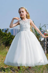 A-Line/Princess Illusion Neck Knee-Length Lace Tulle Flower Girl Dress 744728958346 - COCOMELODY