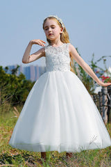 A-Line/Princess Illusion Neck Knee-Length Lace Tulle Flower Girl Dress 744728958346 - COCOMELODY
