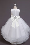 Princess Scoop Neck Sleeveless Hi-Low Tulle Pom Poms Flower Girl Dresses 1029780202104