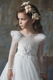 Dot Sheer Long Sleeve Sweep-Brush Train Tulle Flower Girl Dresses 631984909444
