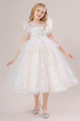 A-Line Illusion Neck Short Sleeves Midi Lace Flower Girl Dresses 749518906079 - COCOMELODY