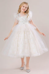 A-Line Illusion Neck Short Sleeves Midi Lace Flower Girl Dresses 749518906079 - COCOMELODY