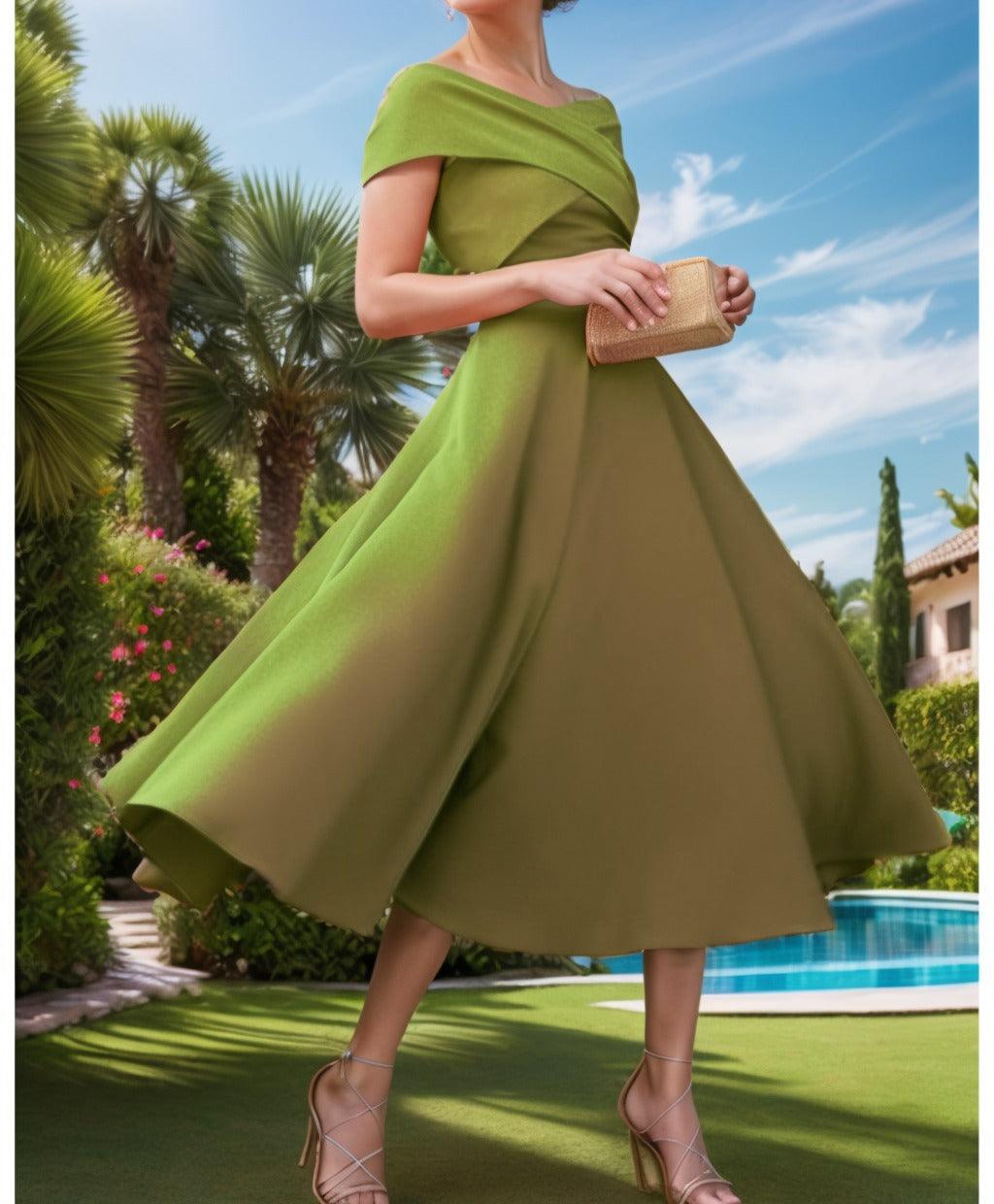 A-Line Tea Length Satin Prom Dress CS0455 - COCOMELODY