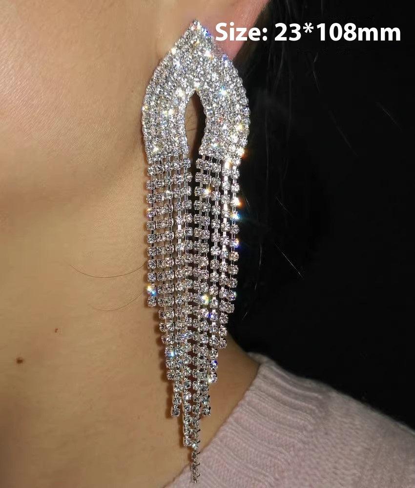 Design sense rhinestone long tassel drop earrings stud ear clips 731781713062 - COCOMELODY
