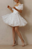 A-Line Short-Mini Lace Organza Little White Dress 100040 - COCOMELODY