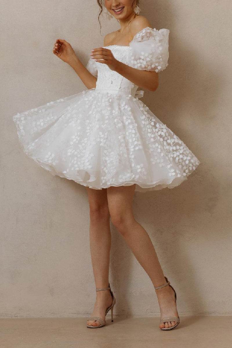 A-Line Short-Mini Lace Organza Little White Dress 100040 - COCOMELODY