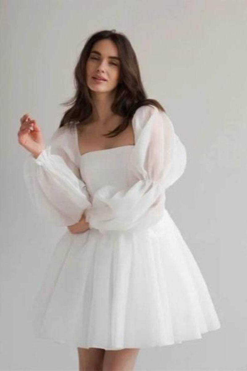 A-Line Mini Polyester Little White Dress 968801127056 - COCOMELODY