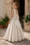 Elegant Satin Pearl Waist Pleated Skirt Bow Back Flower Girl Dresses 807252665221