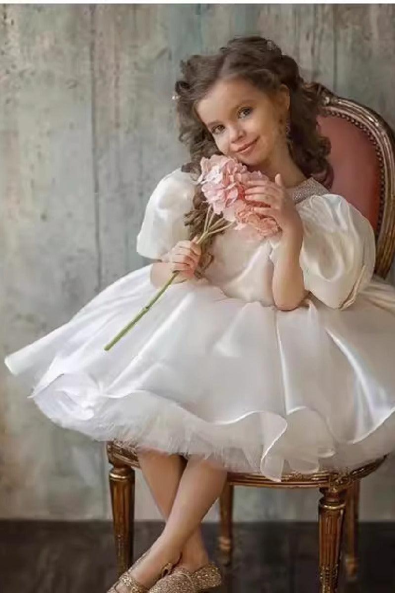 Ball Gown Scoop Neck Puff Sleeves Mini Satin Flower Girl Dresses 669285166945 - COCOMELODY