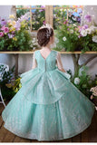 A-Line V-Neck Cap Sleeve Sparkle Tulle Floor Length Flower Girl Dresses 993037422575