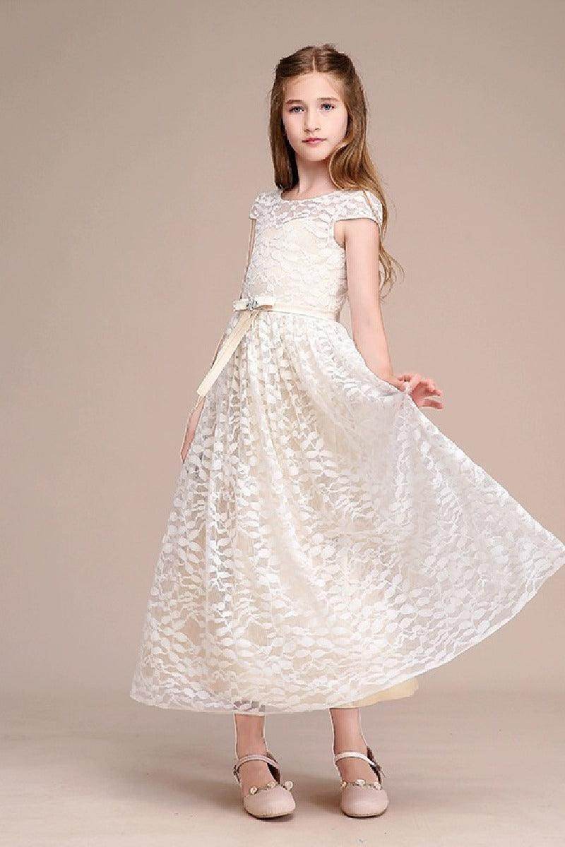 A-Line Scoop Neck Cap Sleeve Midi Lace Flower Girl Dresses 728805443986 - COCOMELODY