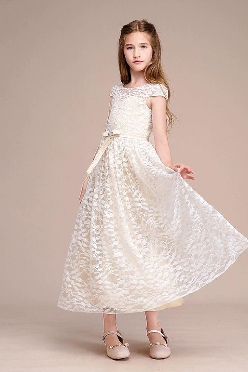 A-Line Scoop Neck Cap Sleeve Midi Lace Flower Girl Dresses 728805443986 - COCOMELODY