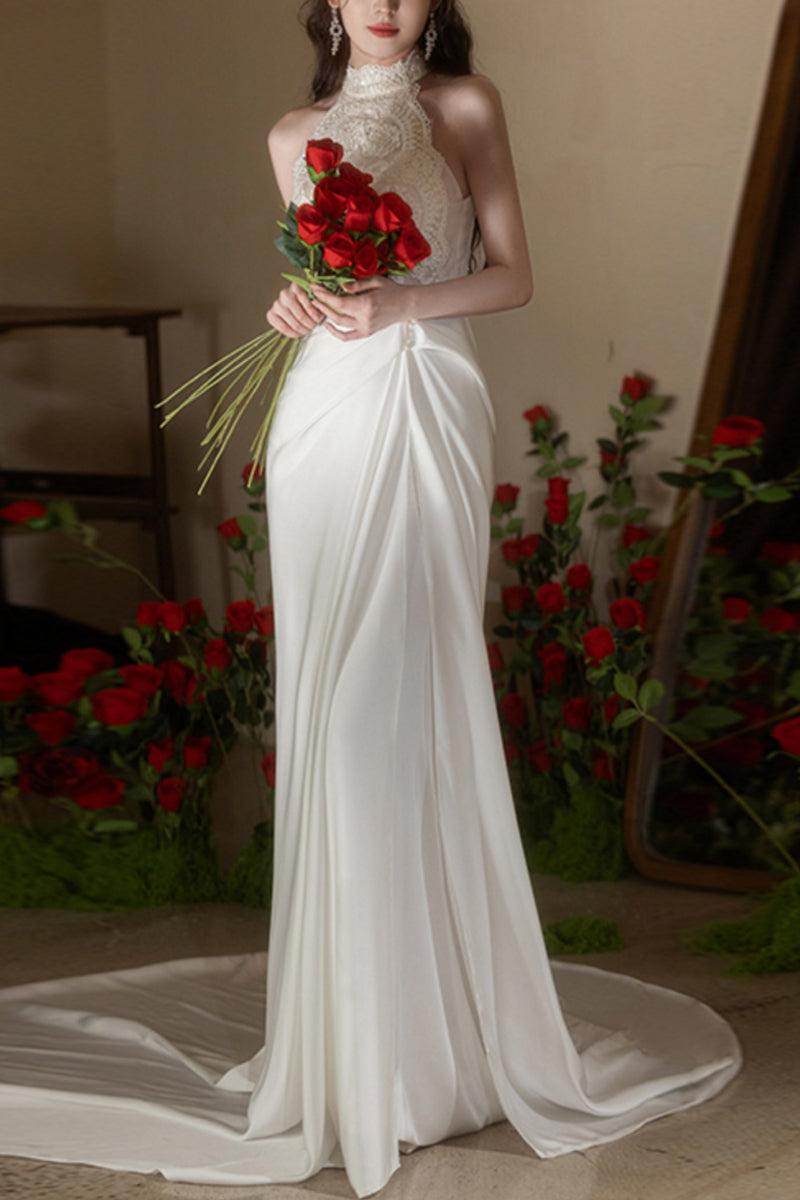 Sheath-Column Chapel Train Lace Satin Wedding Dress 737835089170 - COCOMELODY