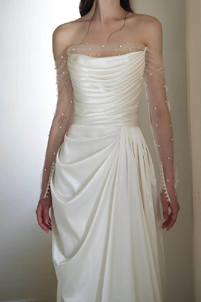 A-Line Sweep-Brush Train Satin Wedding Dress 837164627811 - COCOMELODY