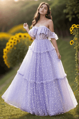 A-Line Floor Length Dot Tulle Prom Dress CS0473 - COCOMELODY