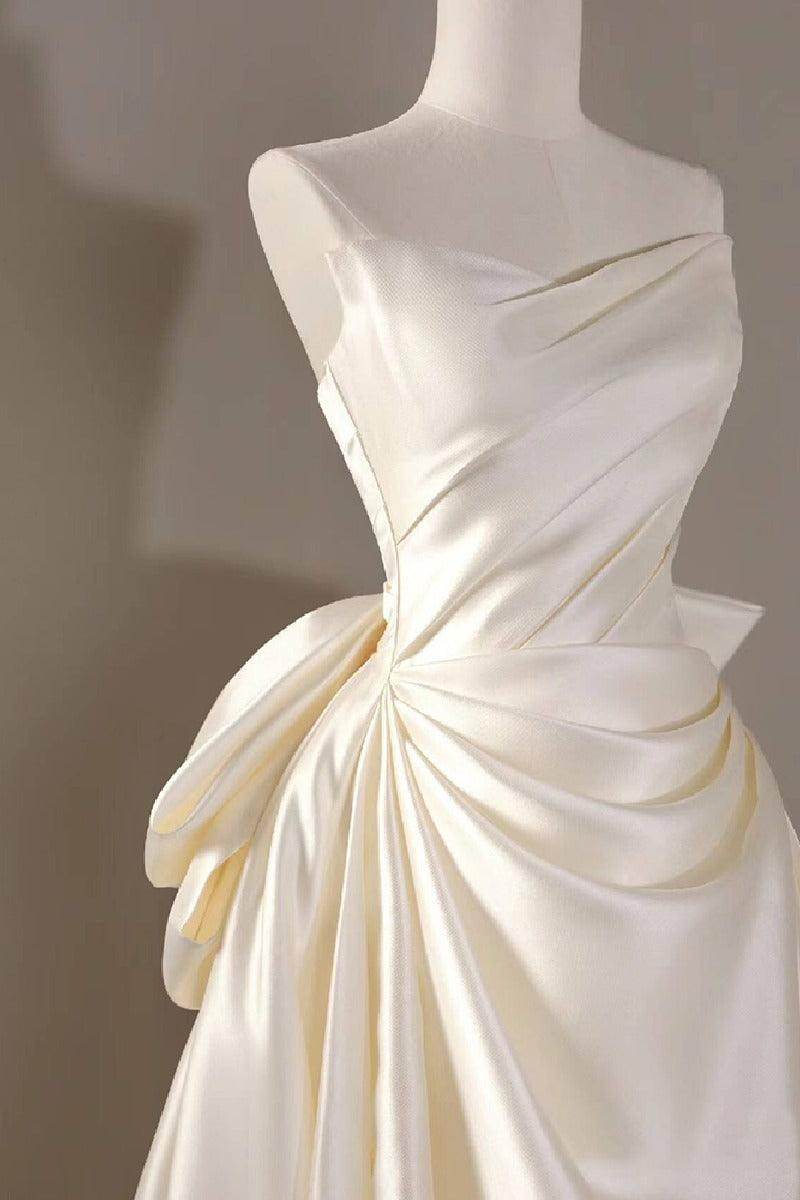 A-Line Sweep-Brush Train Satin Wedding Dress 814546469493 - COCOMELODY