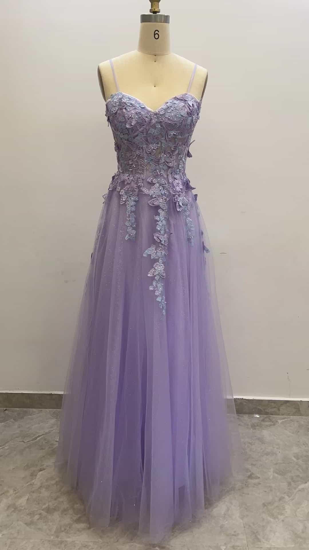 Sweetheart Spaghetti Straps Applique A Line Tulle Prom Dresses CS0943 - COCOMELODY