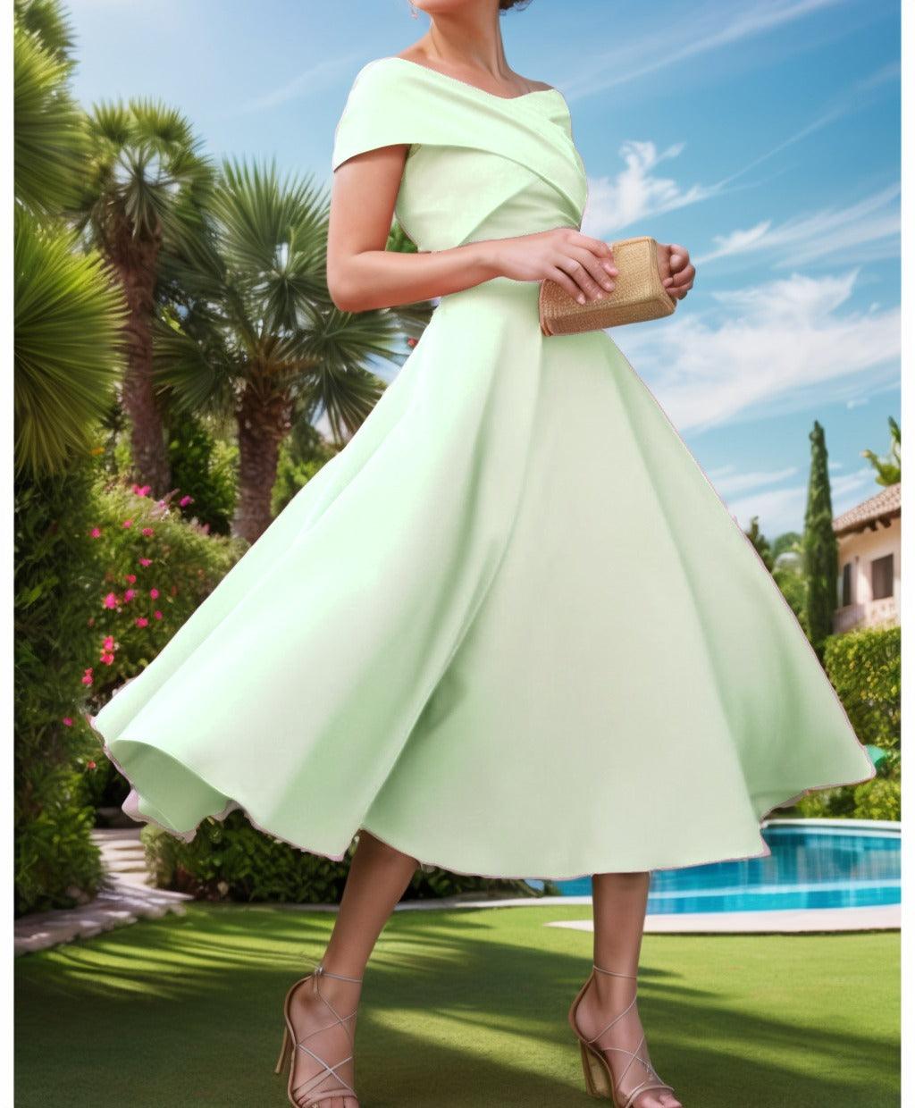 A-Line Tea Length Satin Prom Dress CS0455 - COCOMELODY