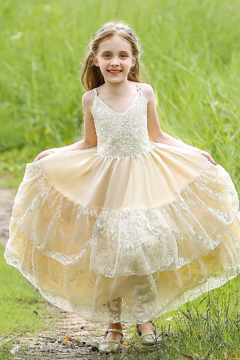 A-Line V-Neck Neckline Sleeveless Maxi Chiffon Flower Girl Dresses 751591439858 - COCOMELODY