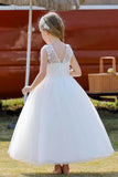 A-Line/Princess Illusion Neck Knee-Length Lace Tulle Flower Girl Dress 744728958346 - COCOMELODY