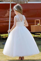 A-Line/Princess Illusion Neck Knee-Length Lace Tulle Flower Girl Dress 744728958346 - COCOMELODY