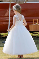 A-Line/Princess Illusion Neck Knee-Length Lace Tulle Flower Girl Dress 744728958346 - COCOMELODY
