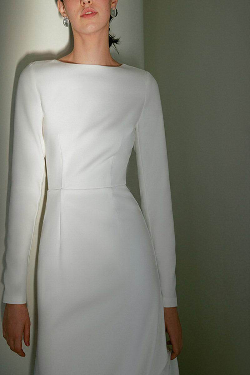 A-Line Sweep-Brush Train Stretch Satin Wedding Dress 681779653285 - COCOMELODY