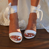 Open Toe Ankle Wrap Block Heel Sandals with Satin Bow 709418283009