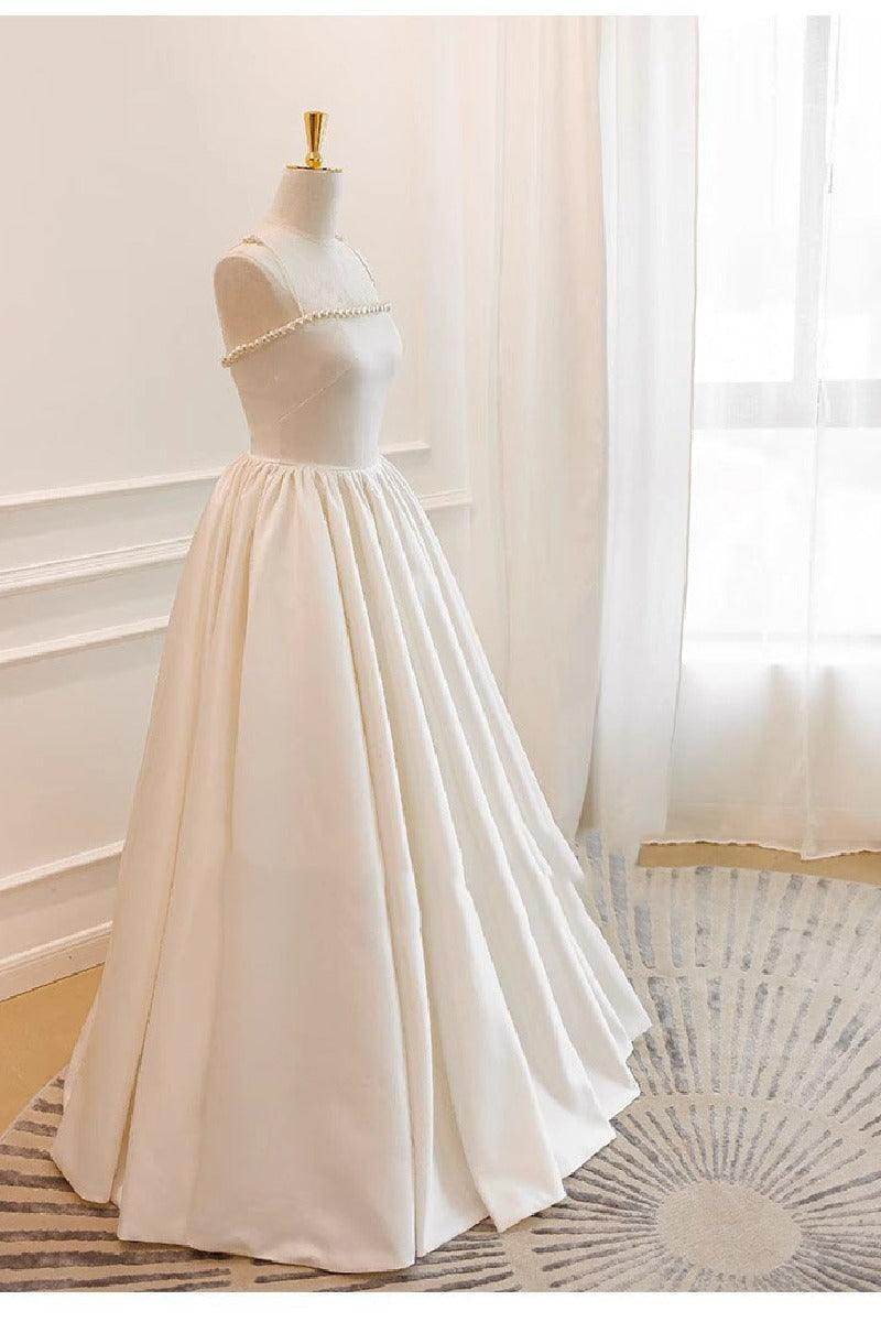 A-Line Floor Length Satin Wedding Dress 752025920874 - COCOMELODY