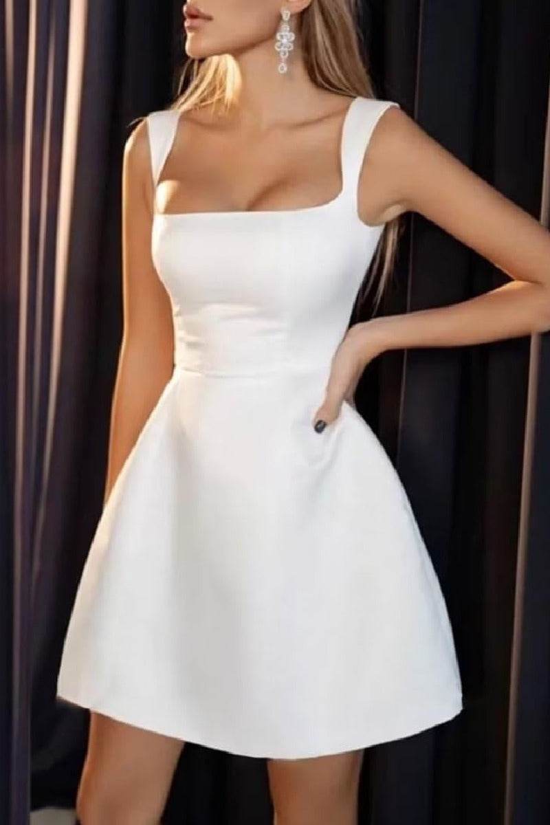 A-Line Short-Mini Satin Little White Dress 100050 - COCOMELODY