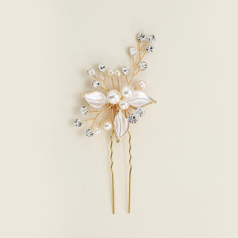 Bridal headwear Leaf hair pin Fashion wedding accessories Handmade pearl U-shaped hairpin set of 3 524682360029 - COCOMELODY