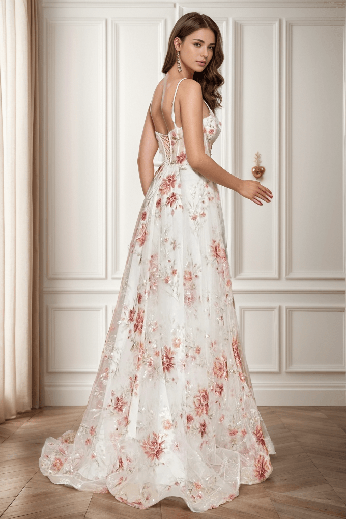 A-Line Sweep-Brush Train Print Prom Dress CS0469 - COCOMELODY