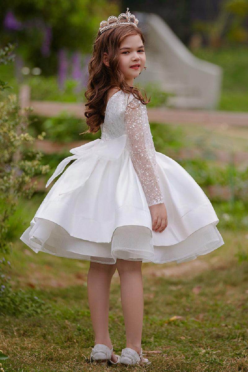 A-Line Scoop Neck Long Sleeve Knee Length Lace/Satin Flower Girl Dresses 709360205661 - COCOMELODY