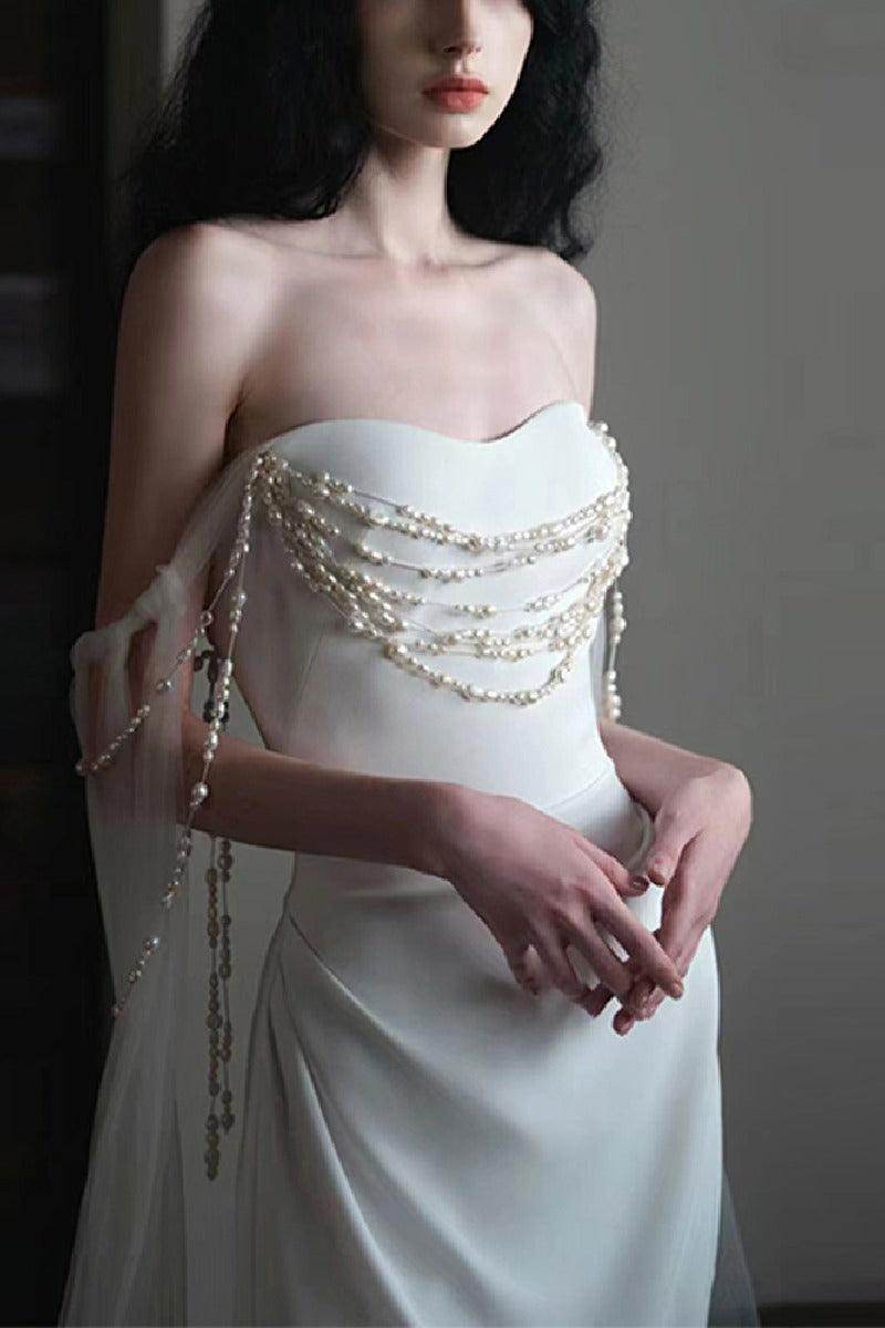 Sheath-Column Sweep-Brush Train Satin Wedding Dress 744497657577 - COCOMELODY