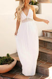 A-Line Floor Length Lace Chiffon Little White Dress 100026 - COCOMELODY