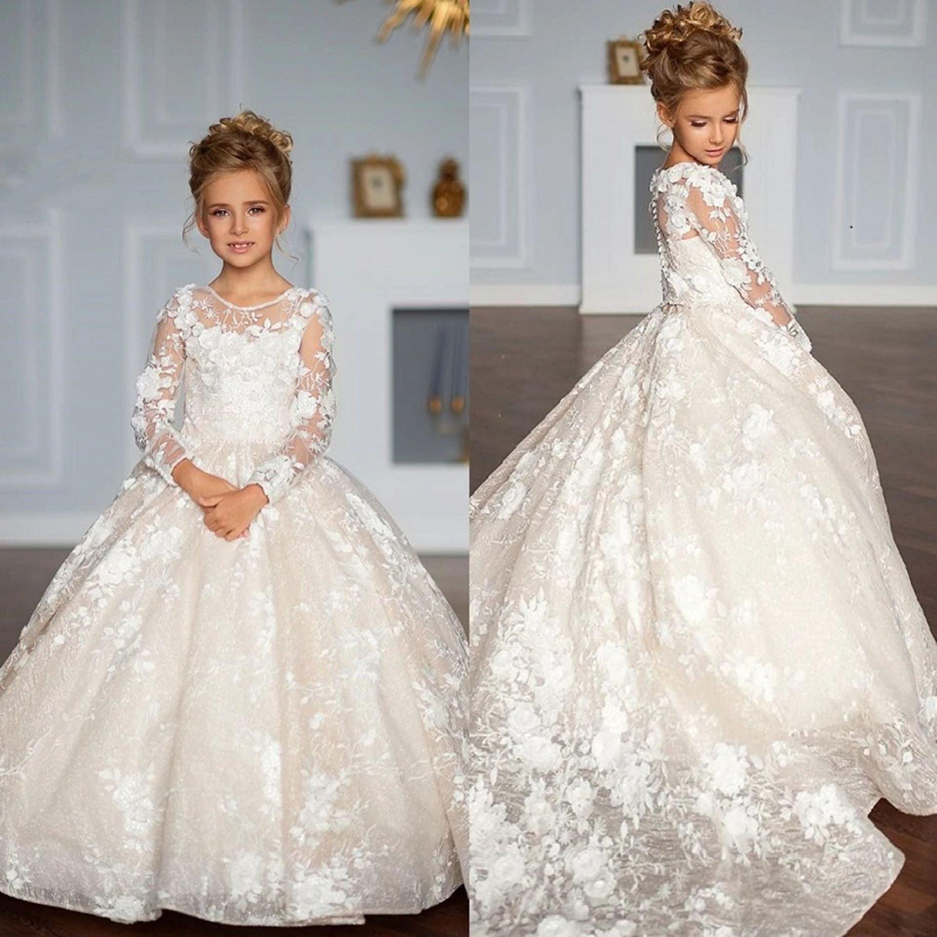 A-Line Illusion Neck Long Sleeve Lace Chapel Train Flower Girl Dresses 688674536065 - COCOMELODY