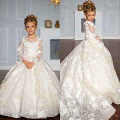 A-Line Illusion Neck Long Sleeve Lace Chapel Train Flower Girl Dresses 688674536065 - COCOMELODY