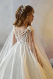 A-Line Illusion Sweetheart Neck Cap Sleeve Satin Sweep-Brush Train Flower Girl Dresses 937382238421