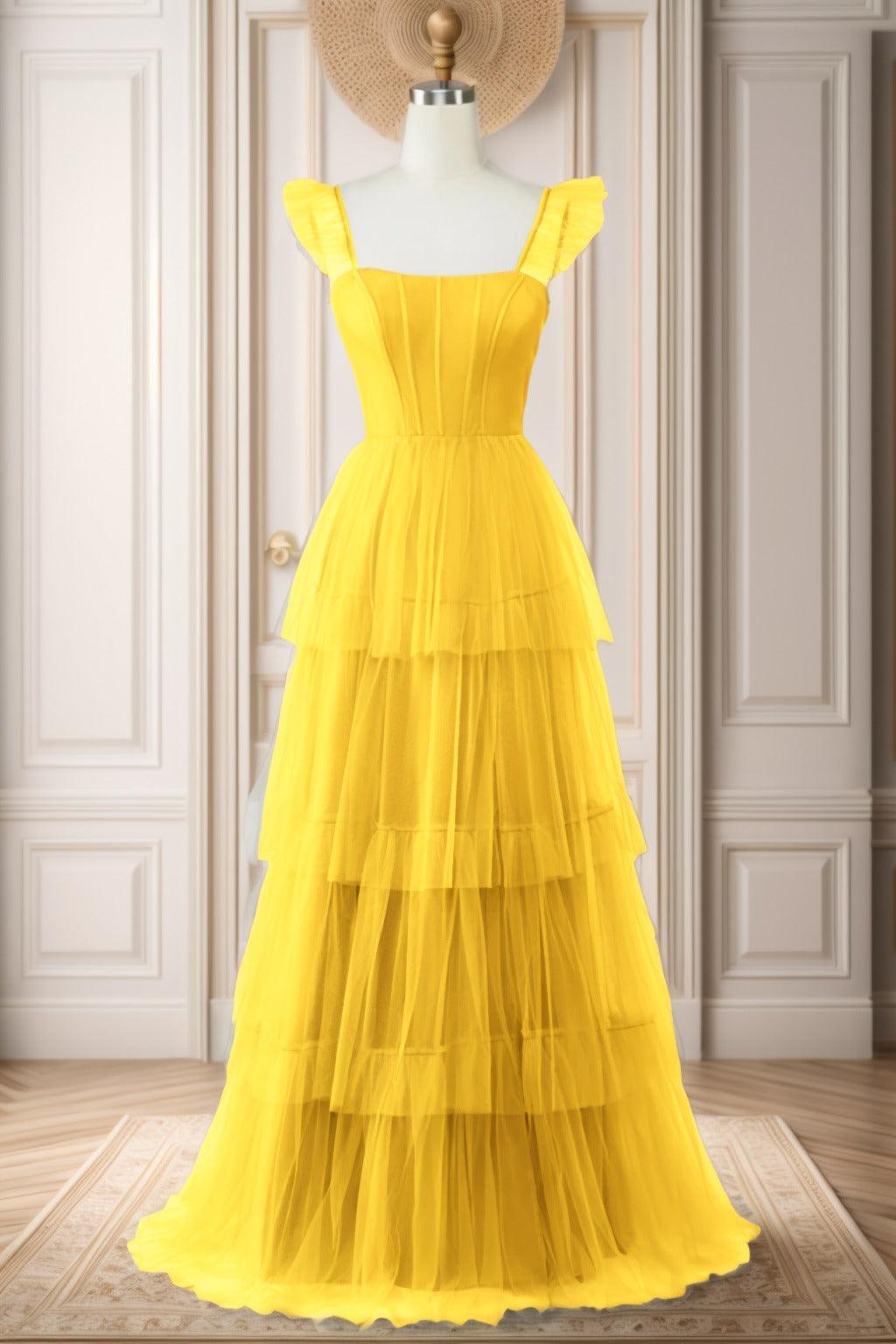 A-Line Sweep-Brush Train Tulle Prom Dress CS0471 - COCOMELODY