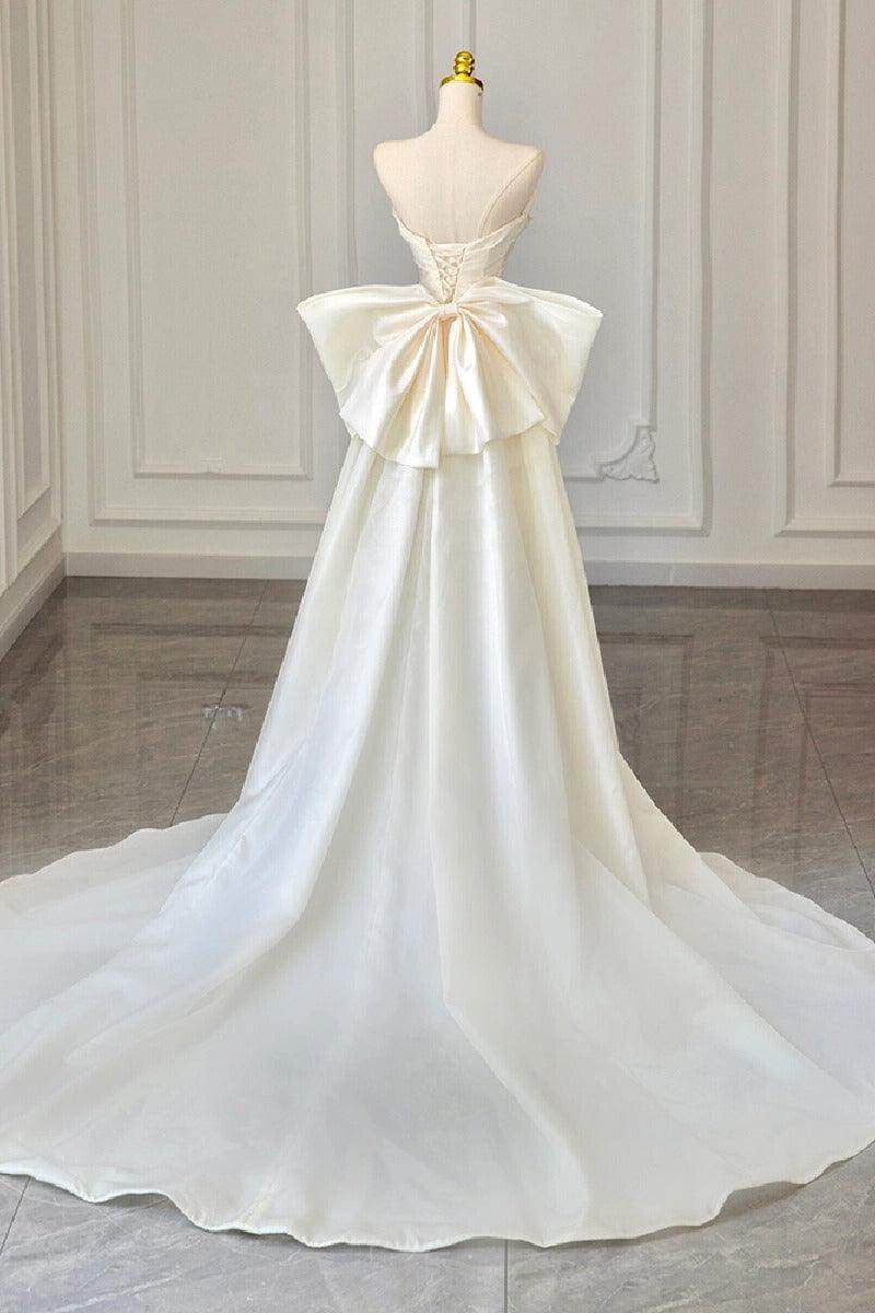 A-Line Court Train Satin Wedding Dress 768070969187 - COCOMELODY