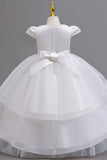 A-Line Round Neck Cap Sleeve Floor Length Ruffled Tulle Flower Girl Dresses 1028258095884