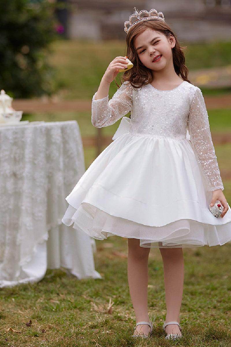 A-Line Scoop Neck Long Sleeve Knee Length Lace/Satin Flower Girl Dresses 709360205661 - COCOMELODY
