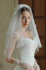 Two-tier Cut Edge Tulle Elbow Veils with Flower 884959274465 - COCOMELODY